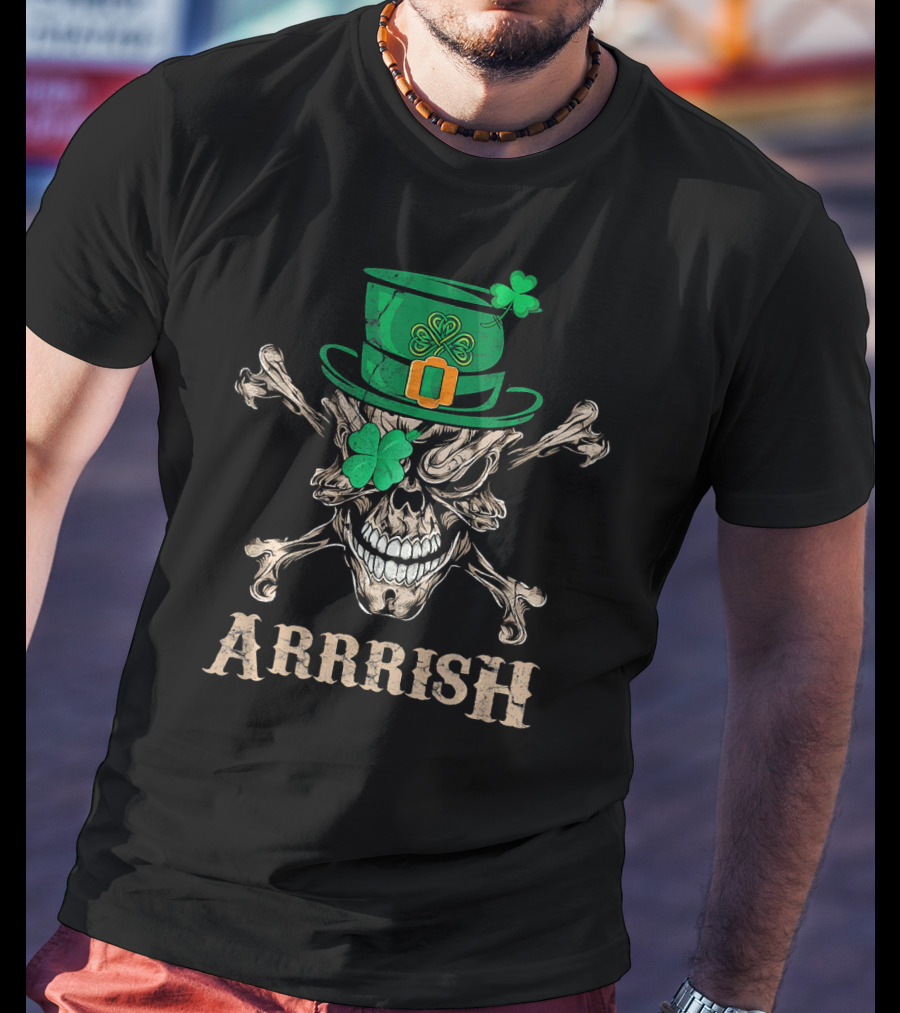 ARRRISH Skull In Irish Pirate Style With Shamrock Hat T-Shirt