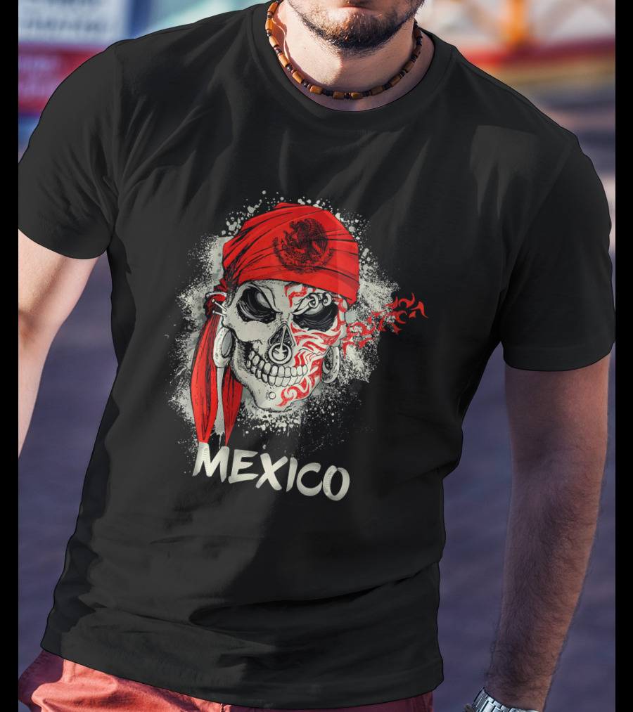 Mexico Skull With Red Bandana And Serpent Emblem T-Shirt