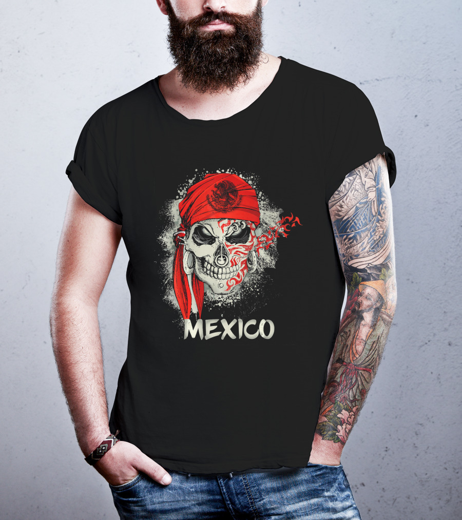 Mexico Skull With Red Bandana And Serpent Emblem T-Shirt