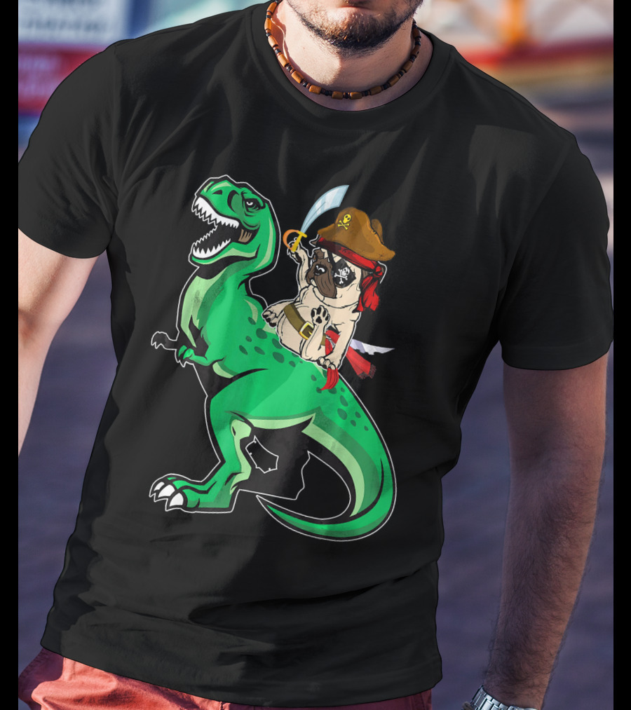 Pirate Pug Riding Rex Dinosaur With Sword And Hat T-Shirt