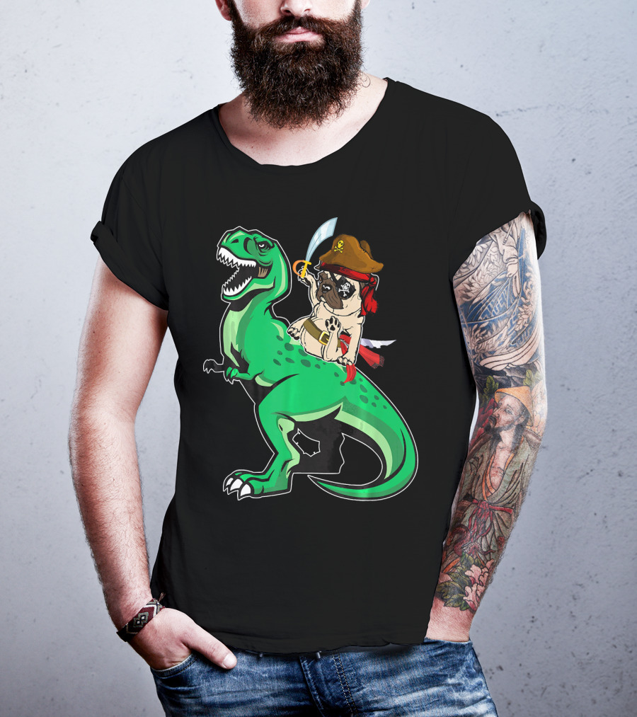 Pirate Pug Riding Rex Dinosaur With Sword And Hat T-Shirt