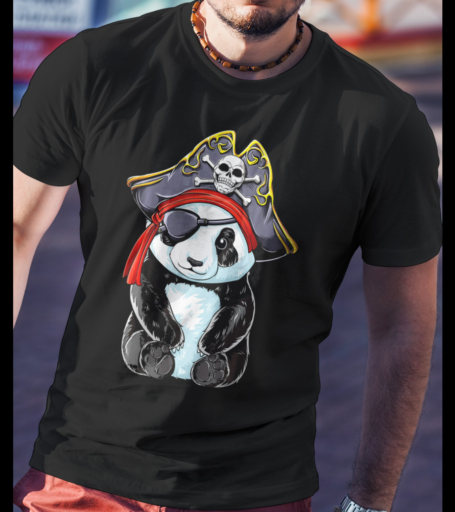 Panda Pirate Jolly Roger Skull Crossbones Eyepatch Bandana Hat T-Shirt