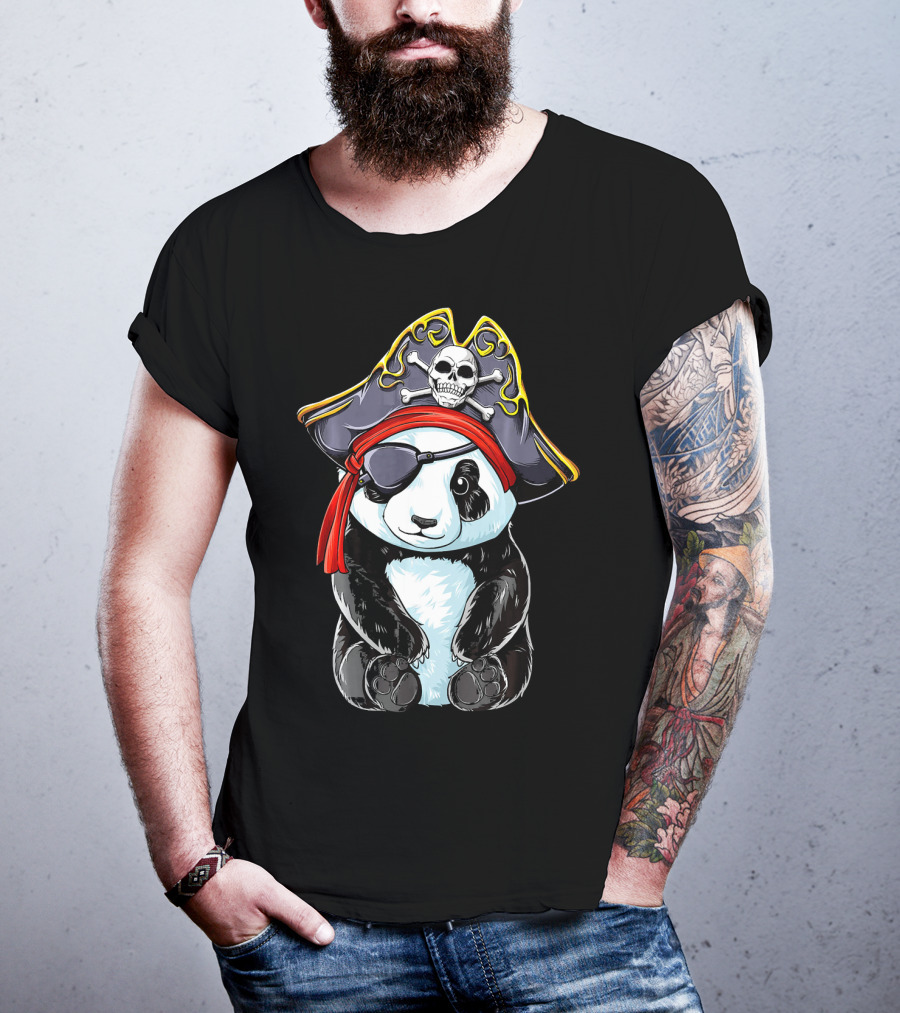 Panda Pirate Jolly Roger Skull Crossbones Eyepatch Bandana Hat T-Shirt