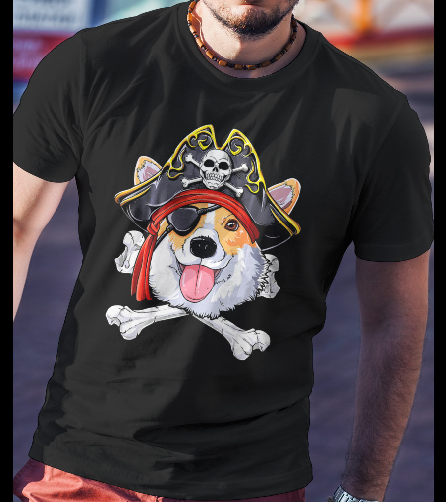Corgi Pirate Skull And Crossbones Jolly Roger Flag T-Shirt