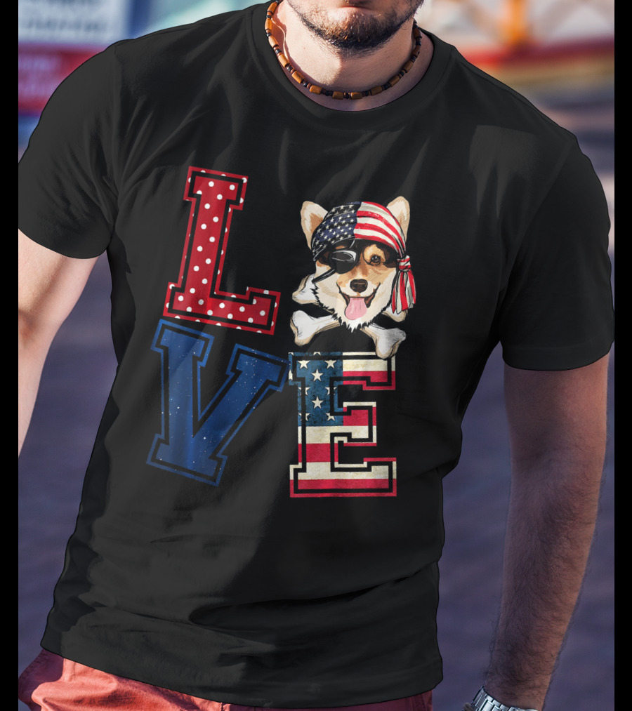 LOVE Corgi Pirate Face With American Flag Bandana And Lettering T-Shirt