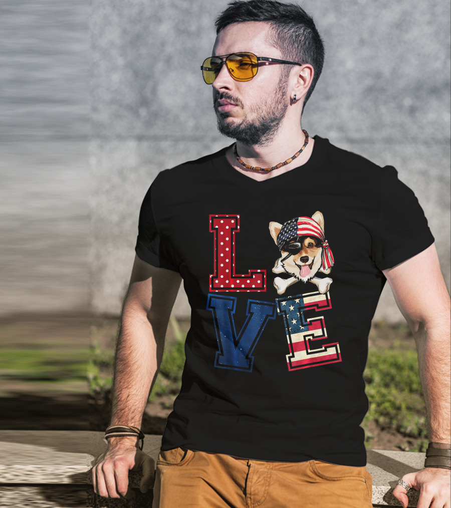 LOVE Corgi Pirate Face With American Flag Bandana And Lettering T-Shirt