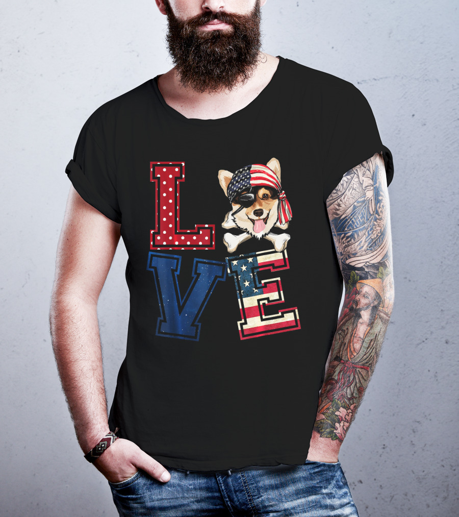 LOVE Corgi Pirate Face With American Flag Bandana And Lettering T-Shirt