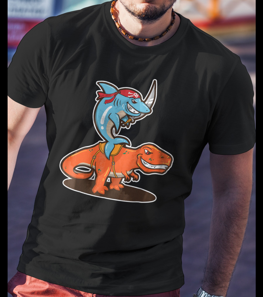 Pirate Shark Riding A T-Rex Dinosaur Adventure T-Shirt