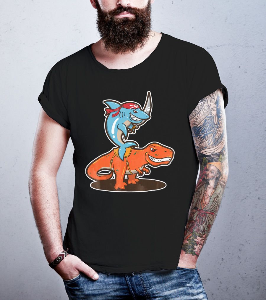 Pirate Shark Riding A T-Rex Dinosaur Adventure T-Shirt