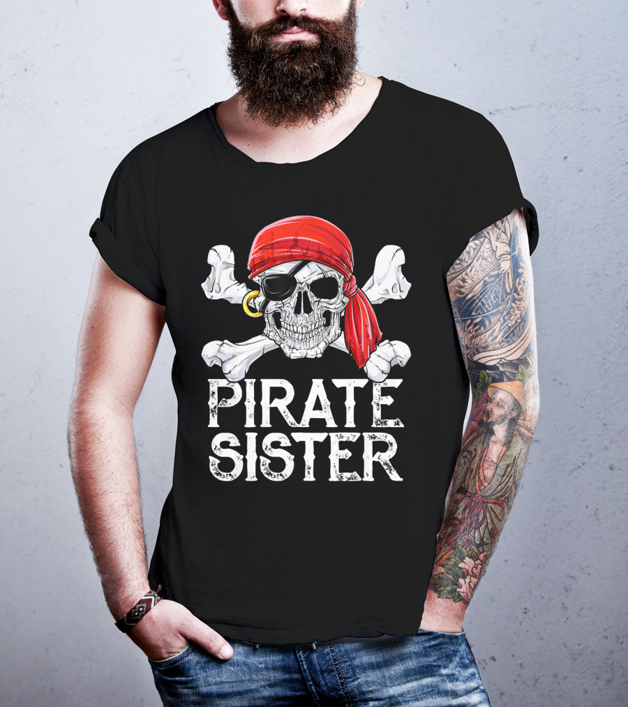 Pirate Sister Skull With Red Bandana And Crossbones T-Shirt