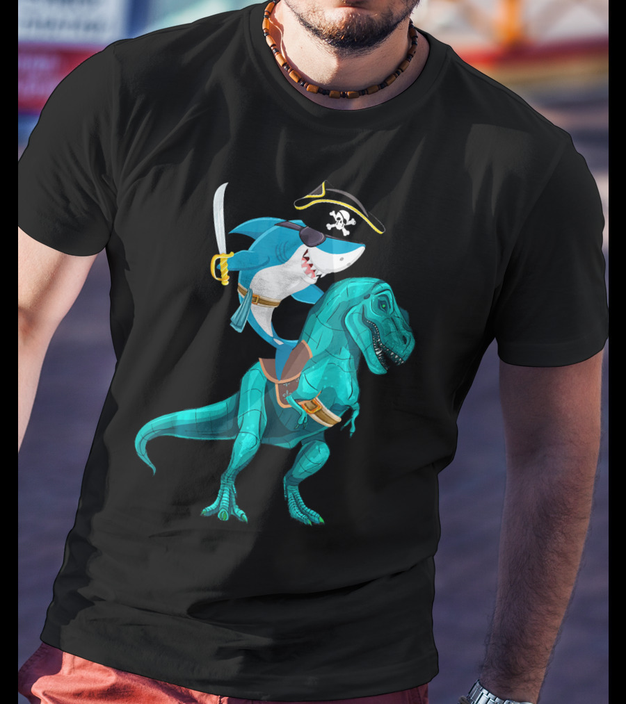 Shark Pirate On T-Rex For Kids Boys Sons T-Shirt
