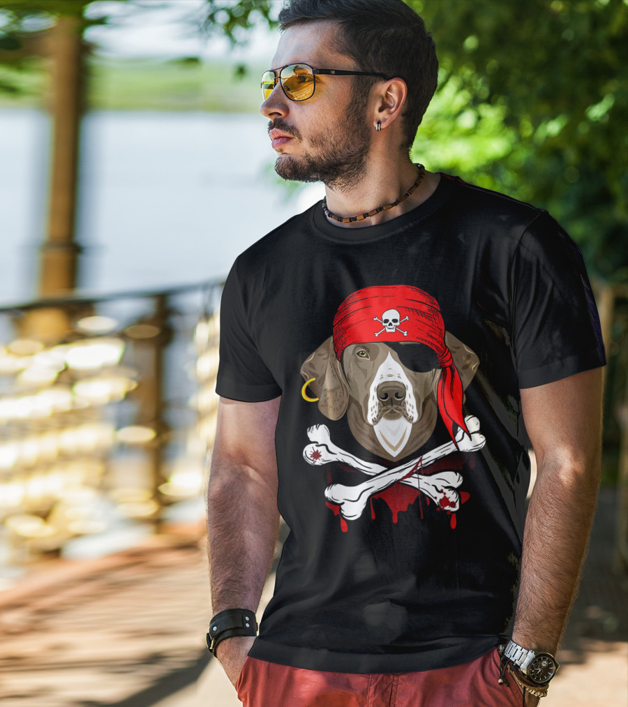 Weimaraner Dog Dad In Pirate Costume With Skull And Crossbones Bandana T-Shirt
