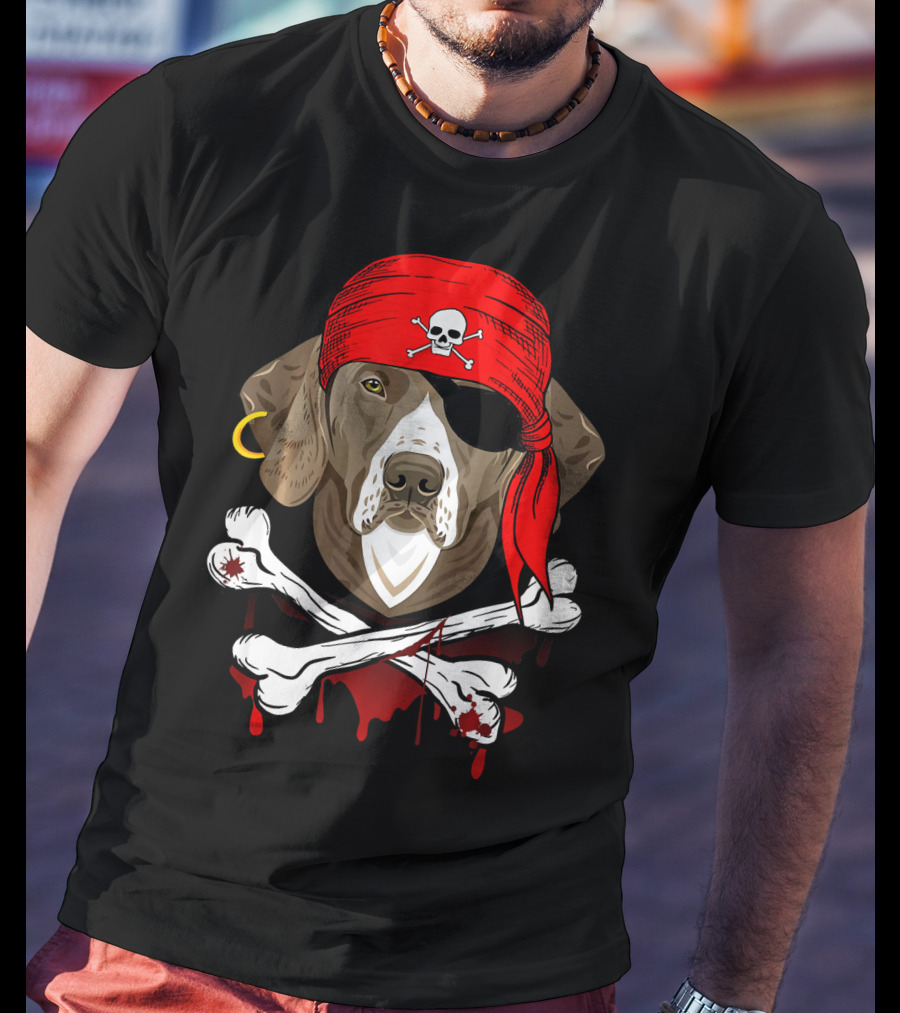 Weimaraner Dog Dad In Pirate Costume With Skull And Crossbones Bandana T-Shirt