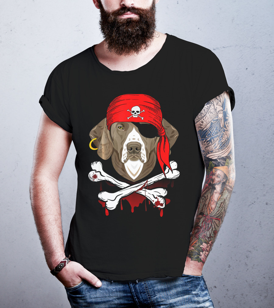 Weimaraner Dog Dad In Pirate Costume With Skull And Crossbones Bandana T-Shirt