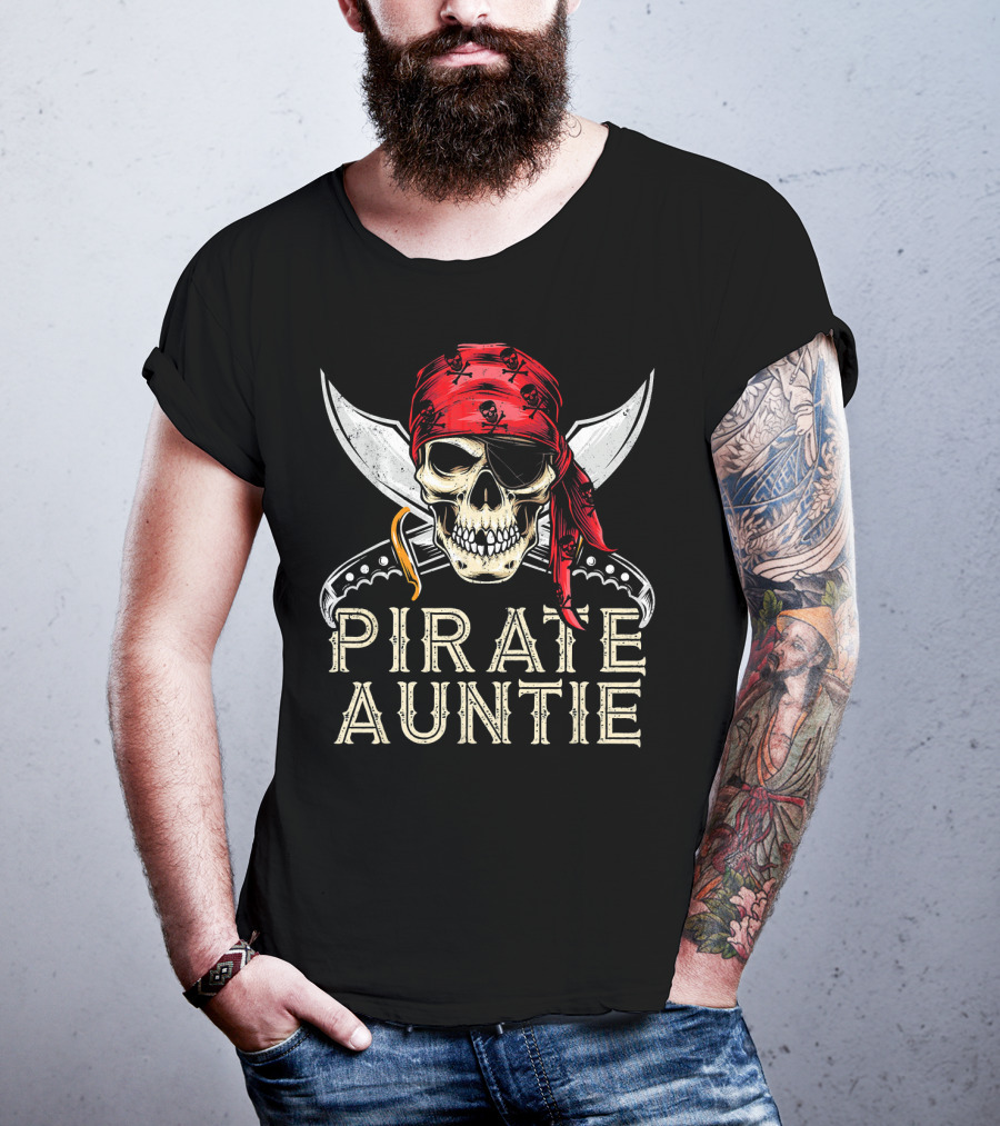 Pirate Auntie Jolly Roger Skull Bandana Crossed Swords T-Shirt