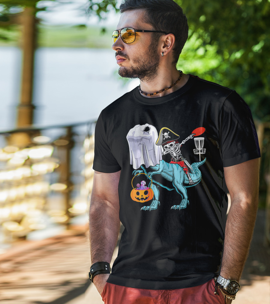 Dab Jolly Roger Skeleton Pirate On Dinosaur With Ghost Pumpkin And Frisbee T-Shirt