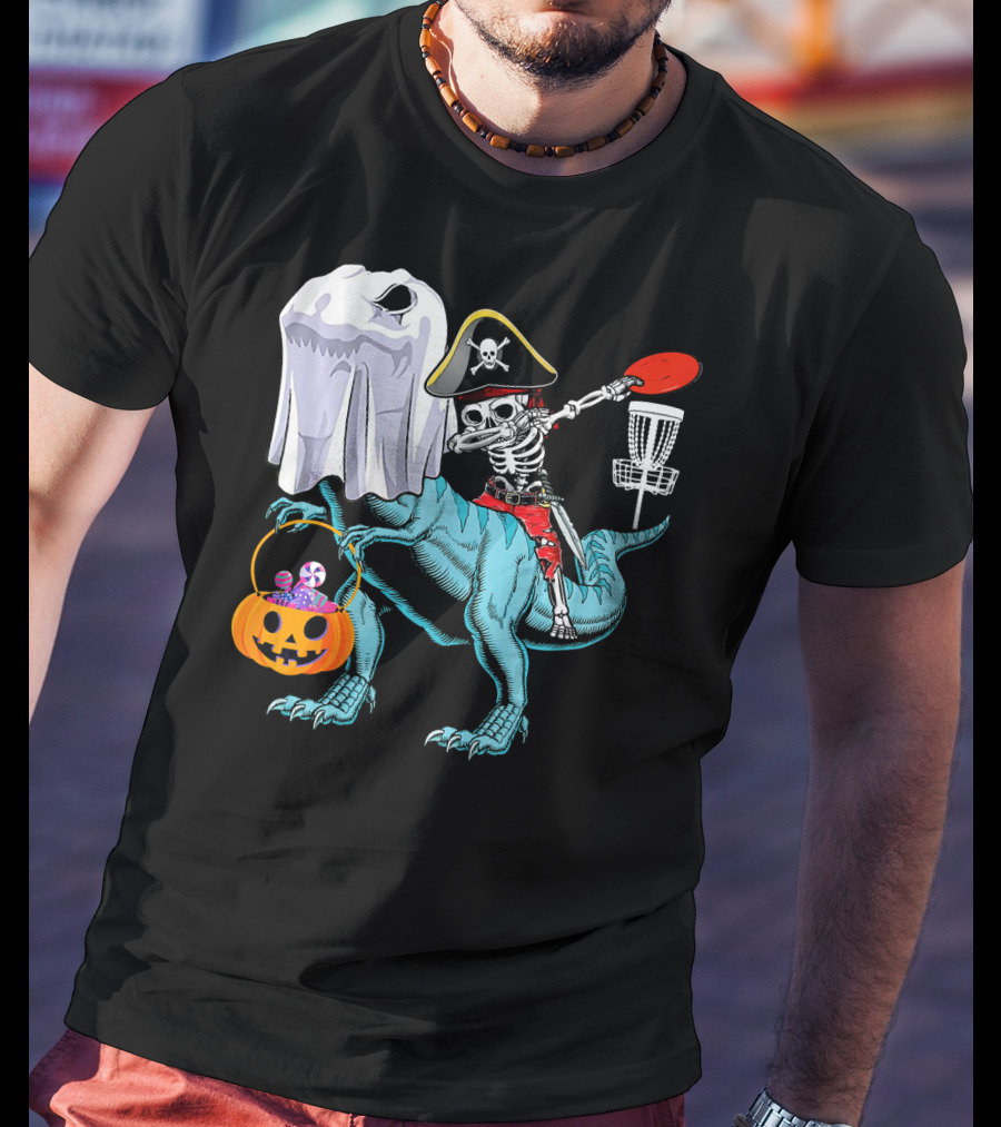 Dab Jolly Roger Skeleton Pirate On Dinosaur With Ghost Pumpkin And Frisbee T-Shirt