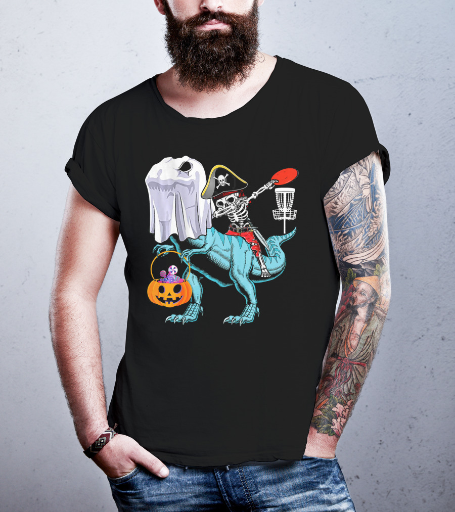 Dab Jolly Roger Skeleton Pirate On Dinosaur With Ghost Pumpkin And Frisbee T-Shirt