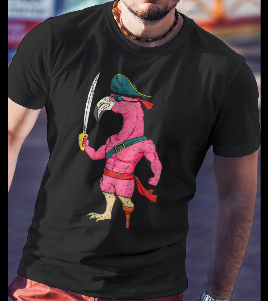 Vintage Pirate Pink Flamingo With Pirate Hat And Wooden Leg Sword T-Shirt