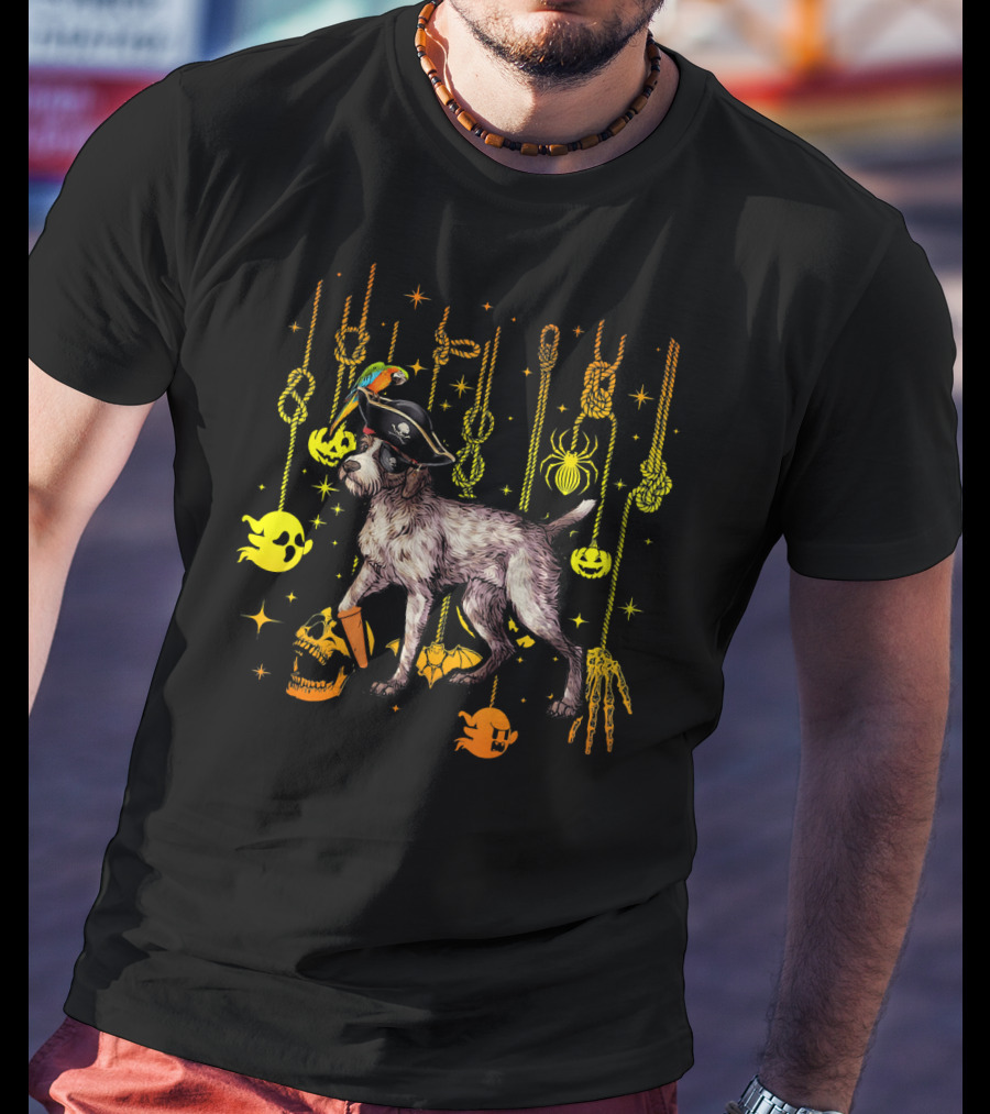 German Wirehaired Pointer Pirate Halloween Ghosts And Skulls T-Shirt