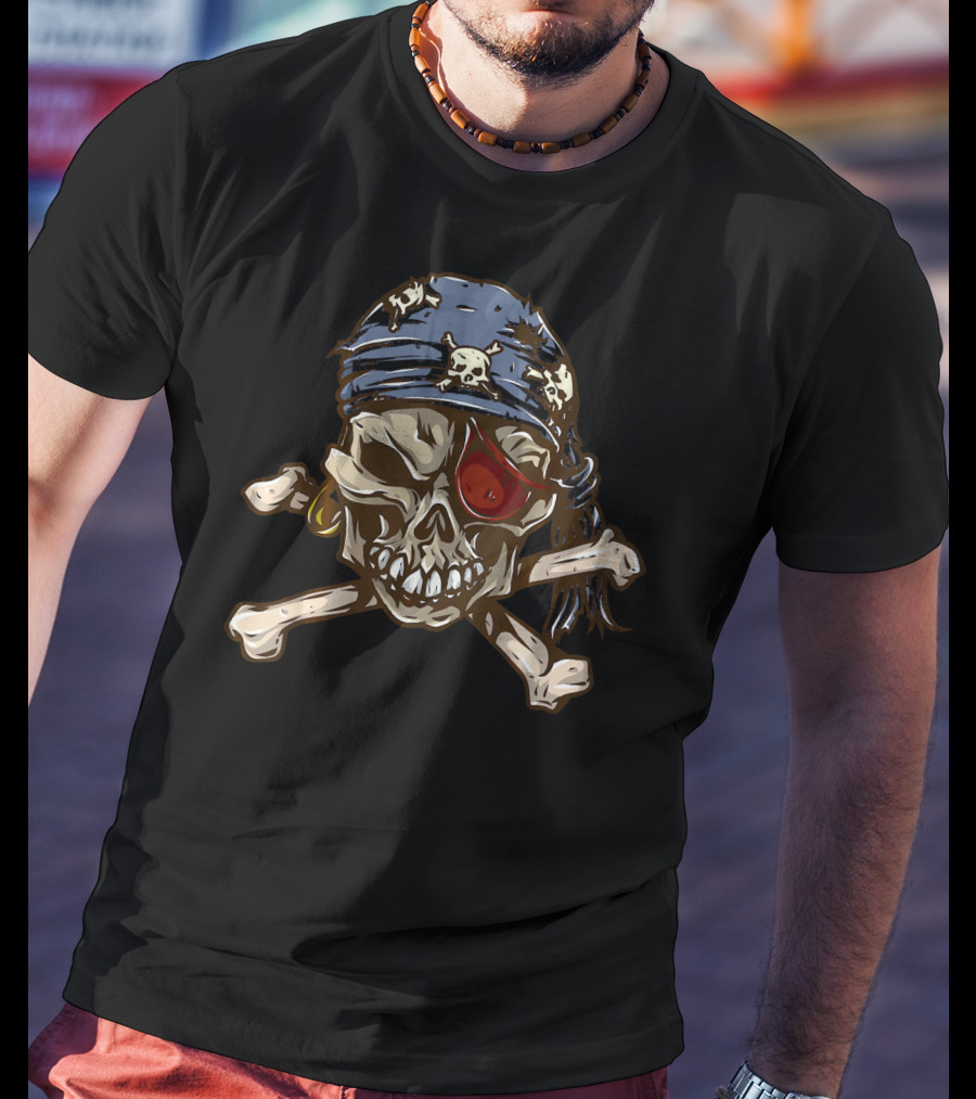 Jolly Roger Skull With Eye Patch And Crossbones Bandana T-Shirt