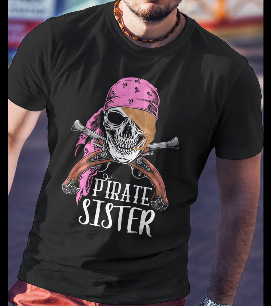 Pirate Sister Skull With Pink Bandana And Crossed Pistols T-Shirt