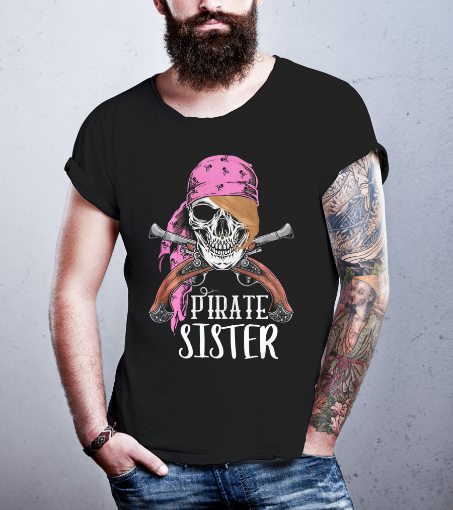 Pirate Sister Skull With Pink Bandana And Crossed Pistols T-Shirt