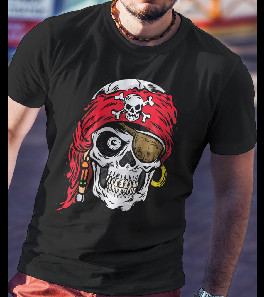 Pirate Skull With Red Bandana And Crossbones Eye Patch Jolly Roger T-Shirt