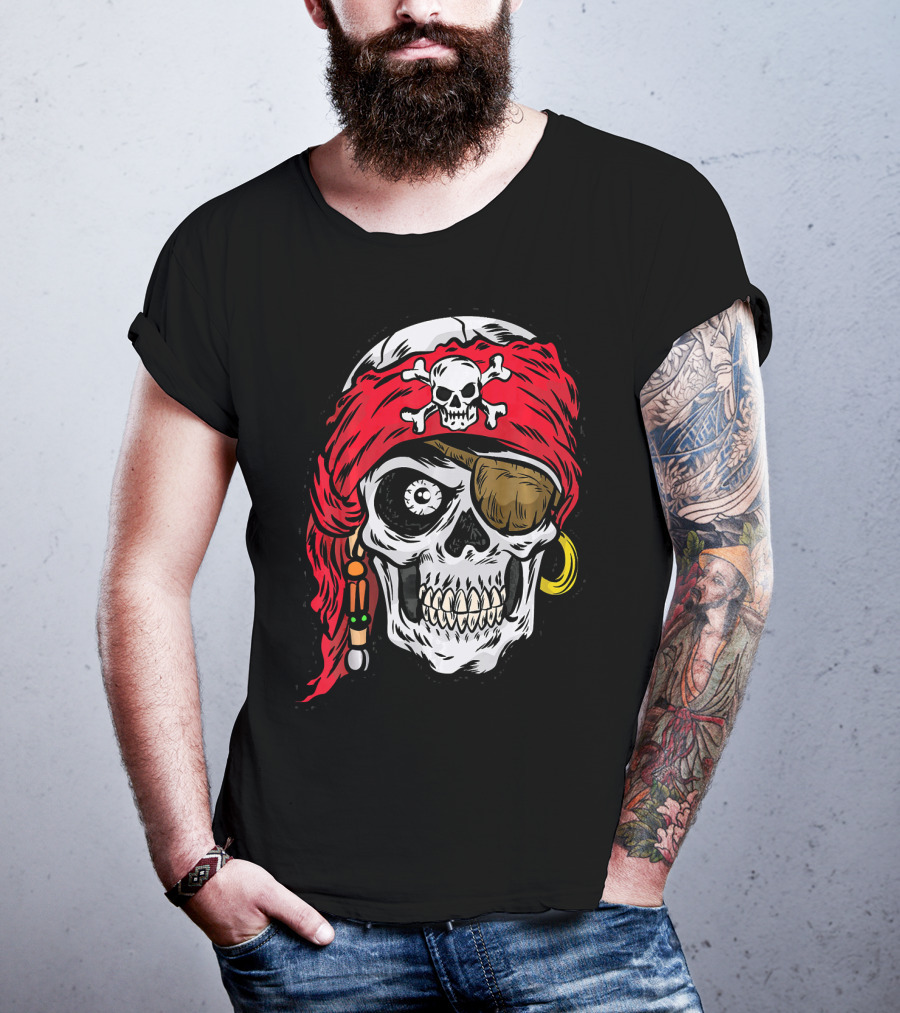 Pirate Skull With Red Bandana And Crossbones Eye Patch Jolly Roger T-Shirt