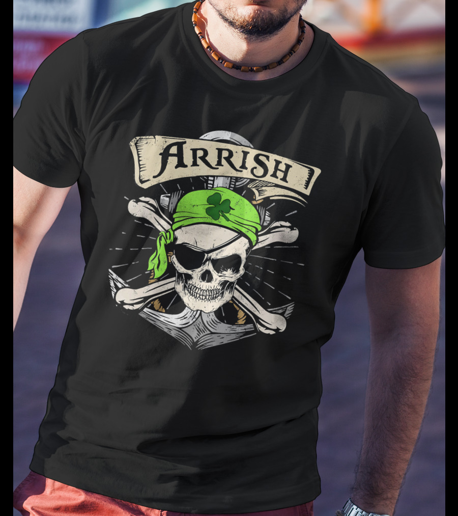 Arrish Irish Pirate Skull With Shamrock Bandana St Patricks T-Shirt