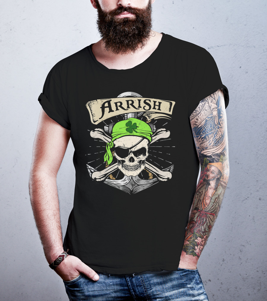 Arrish Irish Pirate Skull With Shamrock Bandana St Patricks T-Shirt
