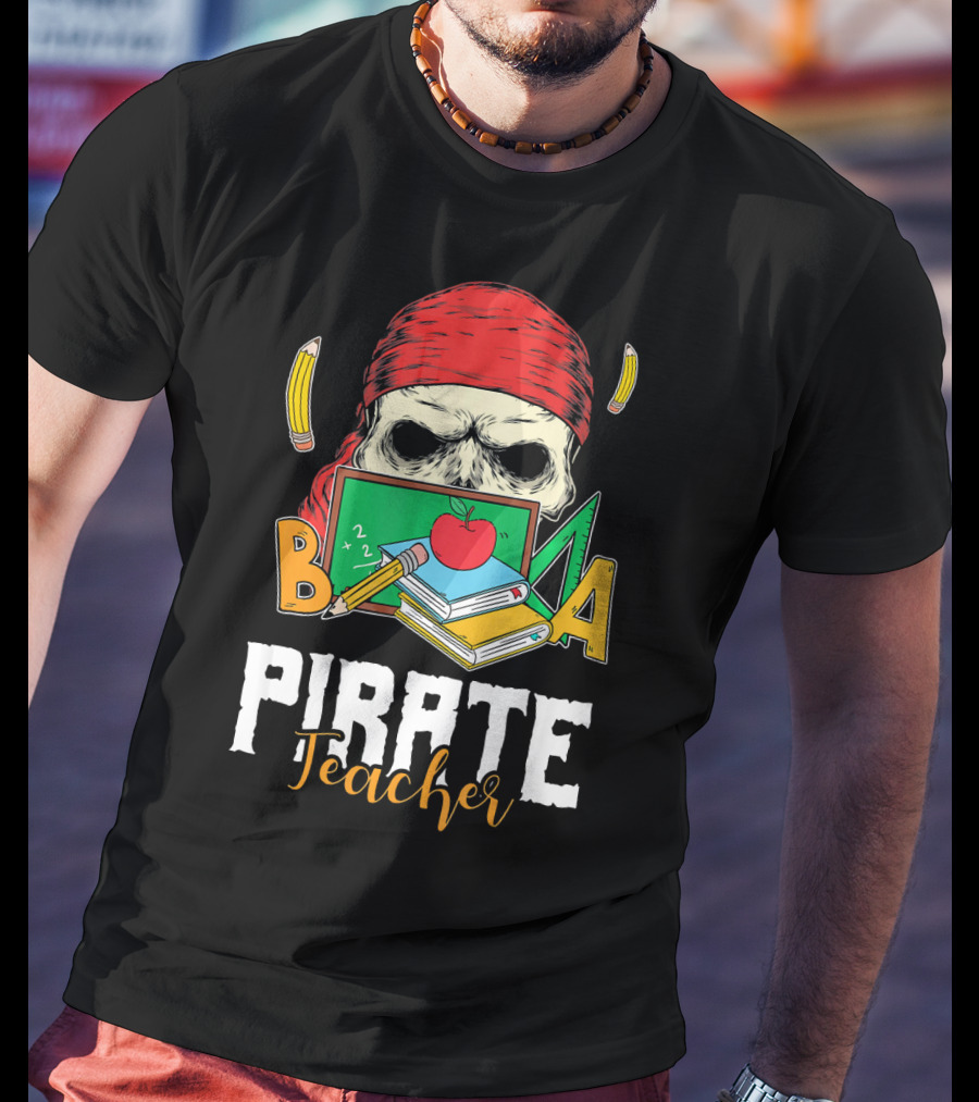 Pirate Teacher Skull Chalkboard Apple Pencils Books Bandana T-Shirt