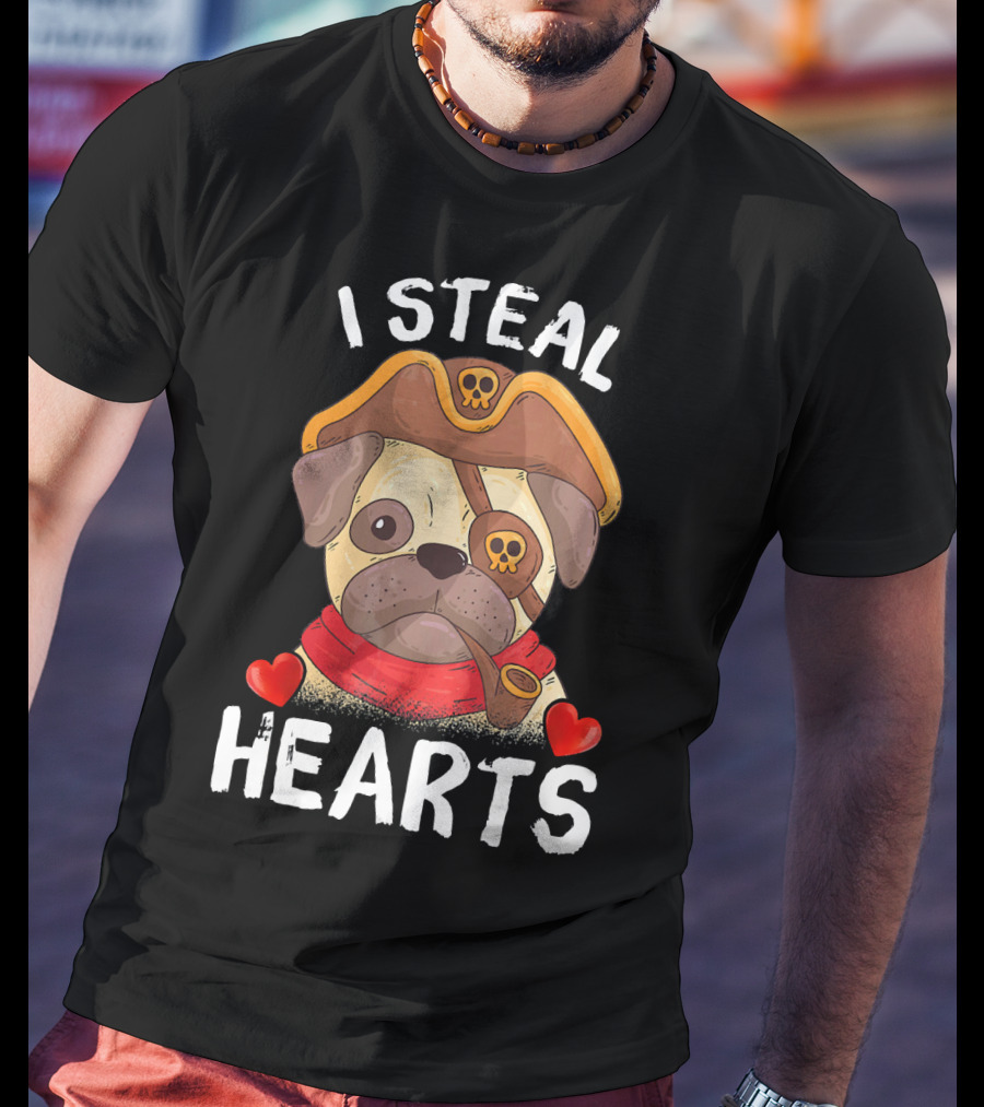 I Steal Hearts Valentines Day Pirate Pug With Pipe And Eyepatch T-Shirt