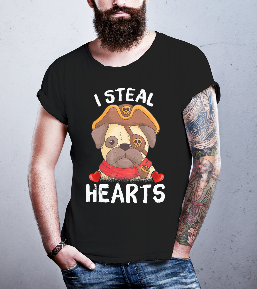 I Steal Hearts Valentines Day Pirate Pug With Pipe And Eyepatch T-Shirt