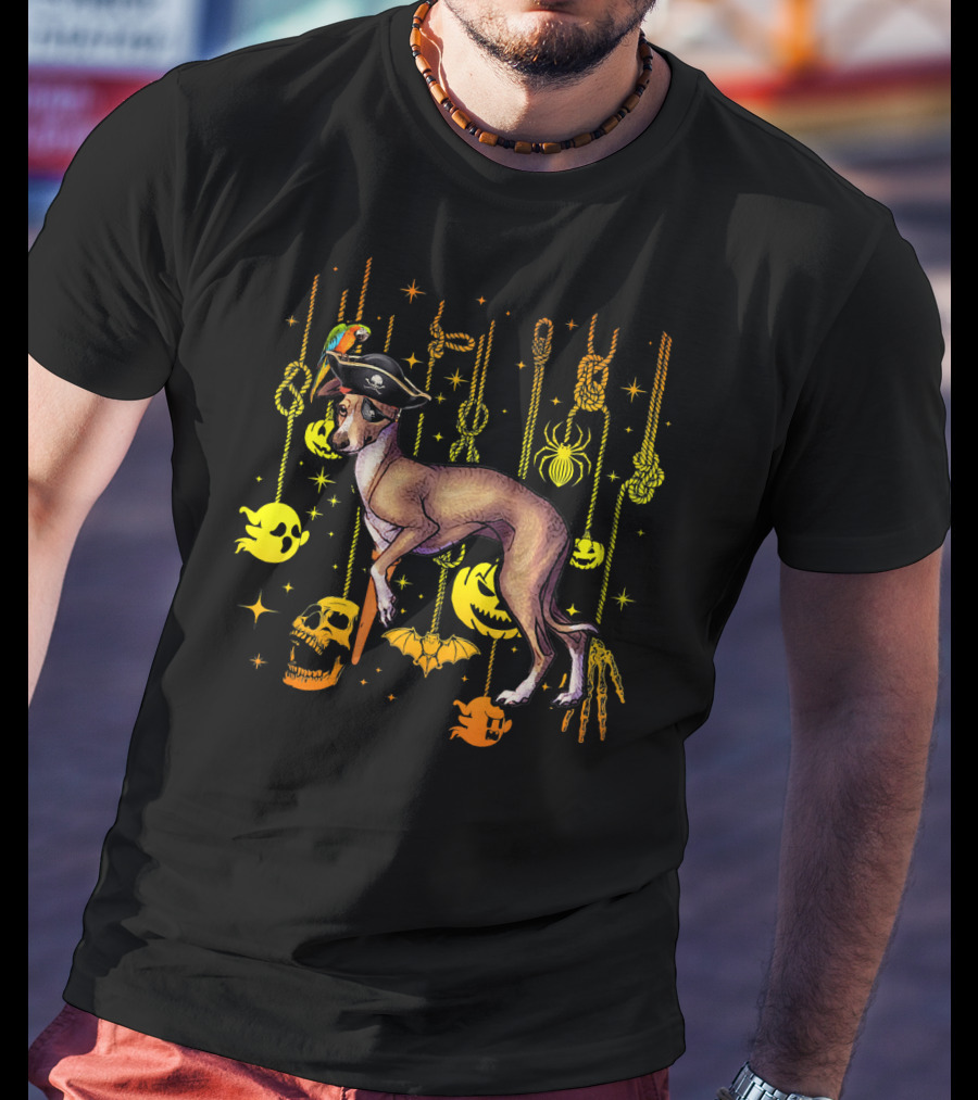 Italian Greyhound Pirate Dog With Halloween Ghosts And Skulls T-Shirt