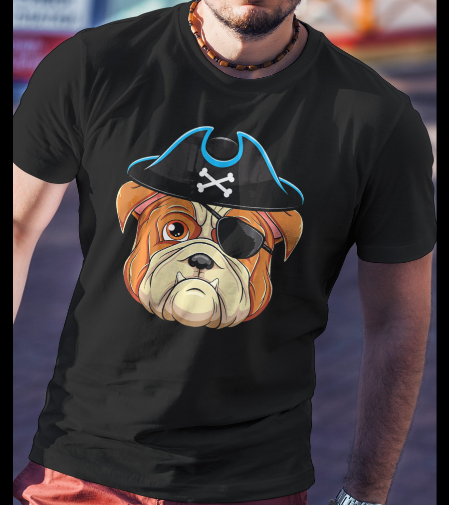 English Bulldog Pirate Hat Eye Patch Skull Crossbones T-Shirt