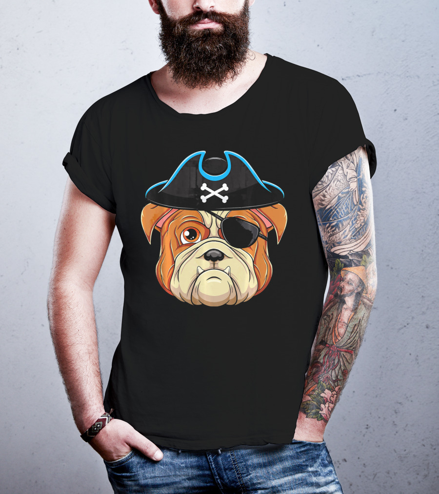 English Bulldog Pirate Hat Eye Patch Skull Crossbones T-Shirt