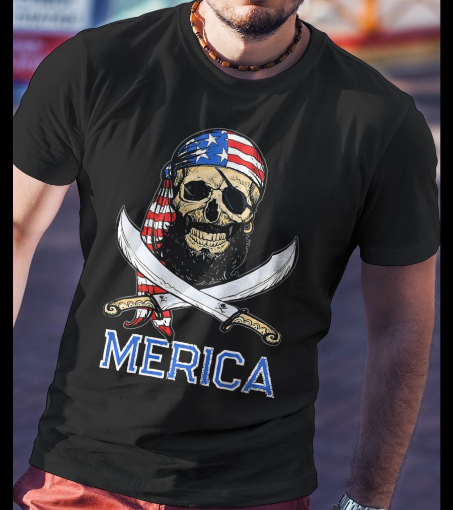 MERICA Bearded Pirate Skull With American Flag Bandana And Crossed Swords T-Shirt
