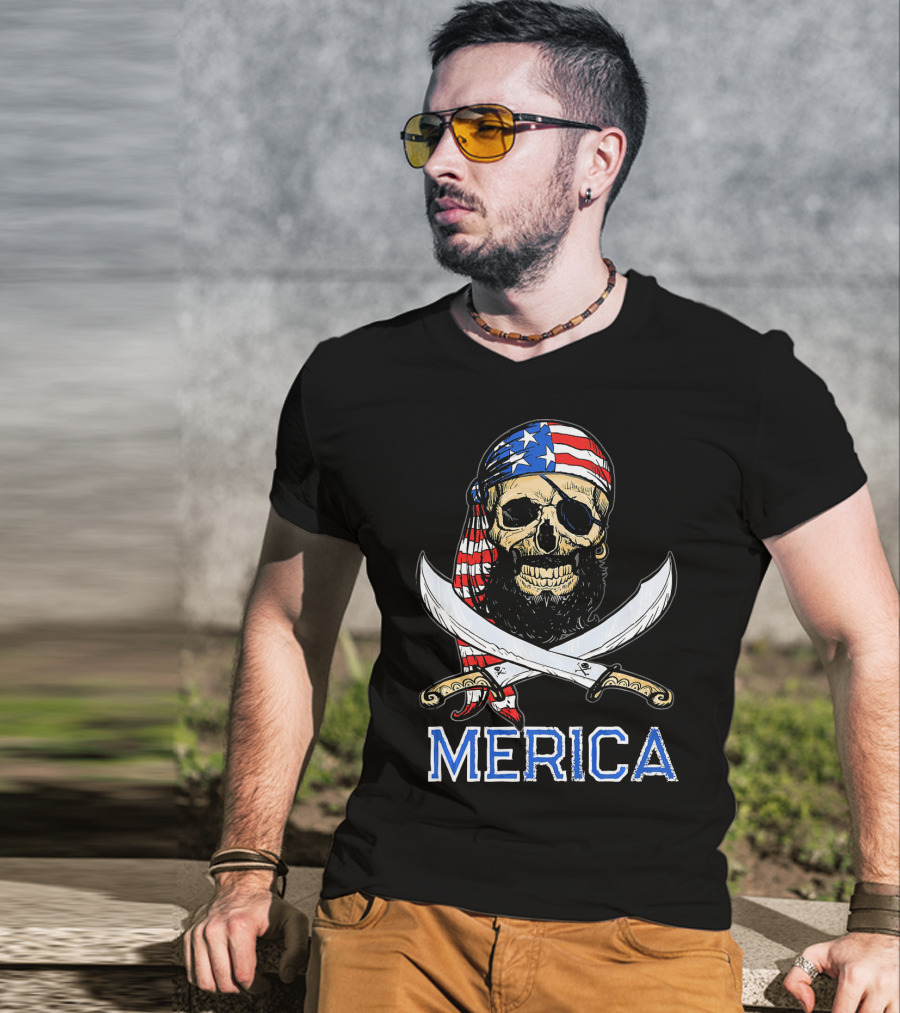 MERICA Bearded Pirate Skull With American Flag Bandana And Crossed Swords T-Shirt