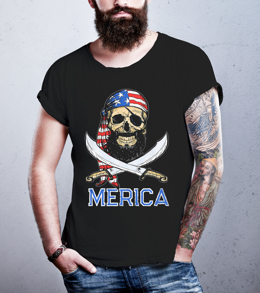 MERICA Bearded Pirate Skull With American Flag Bandana And Crossed Swords T-Shirt