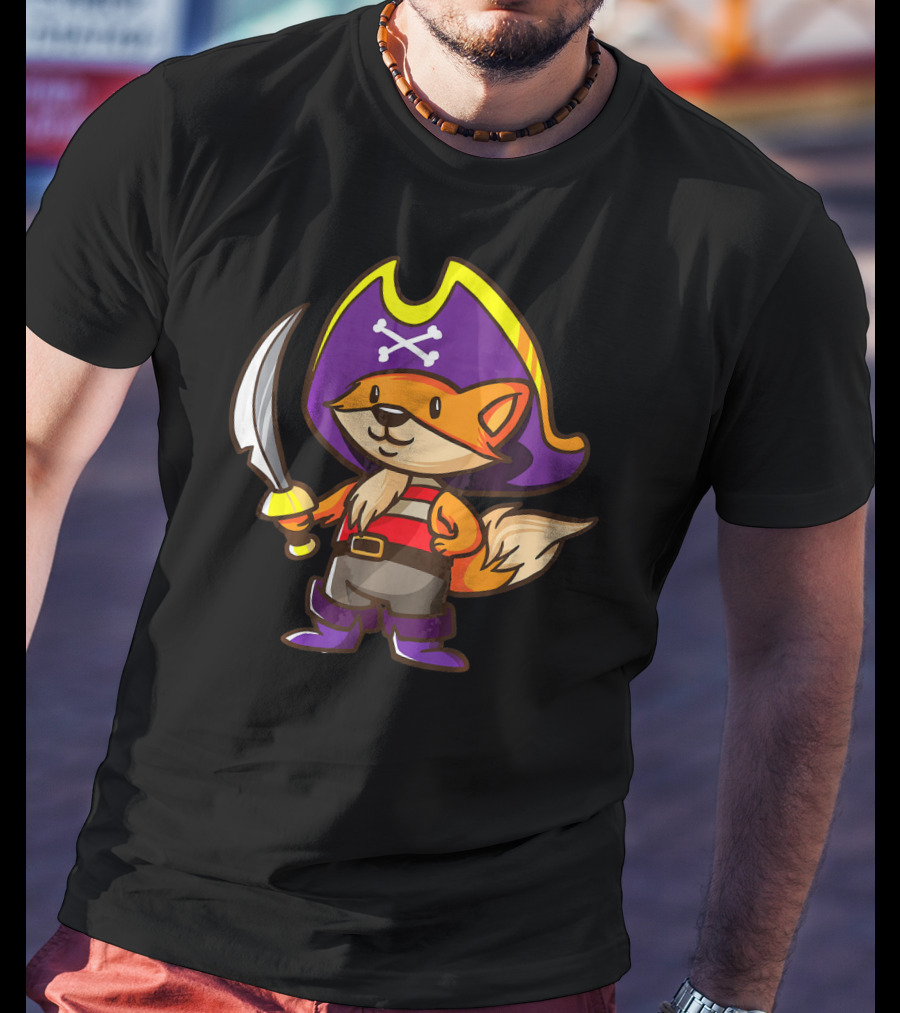Pirate Fox Halloween Party Costume With Sword And Pirate Hat Featuring Crossbones T-Shirt