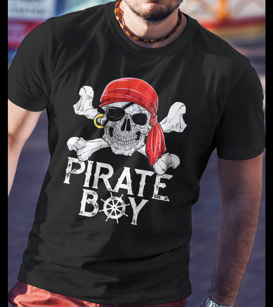 Pirate Boy Jolly Roger Skull With Red Bandana And Crossbones T-Shirt