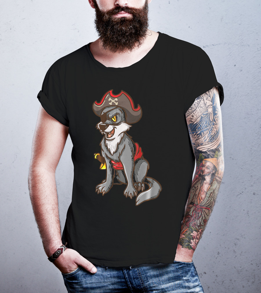 Pirate Wolf Halloween Party Costume With Sword And Hat T-Shirt