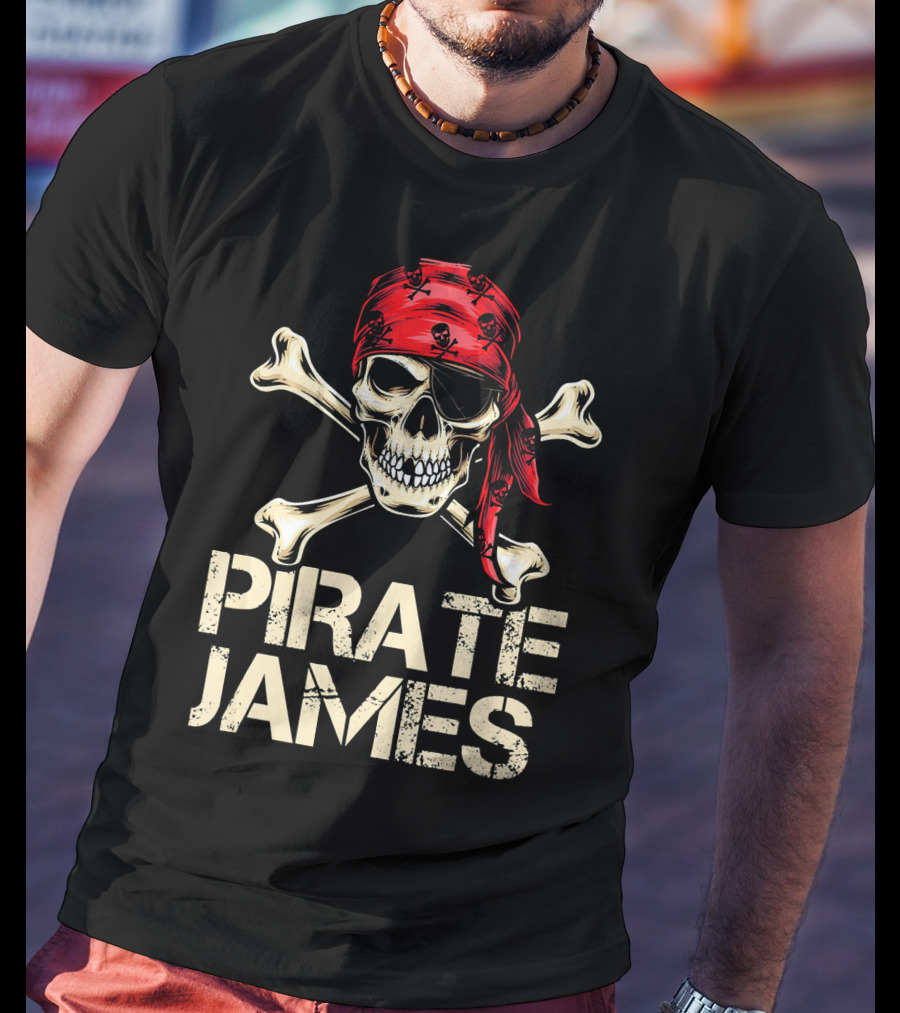 PIRATE JAMES Skull Crossbones Red Bandana Birthday T-Shirt