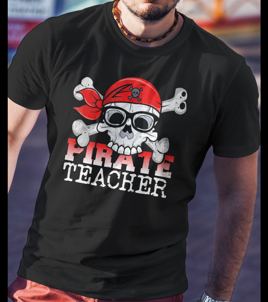 Pirate Skull With Bandana And Glasses Funny Teacher T-Shirt