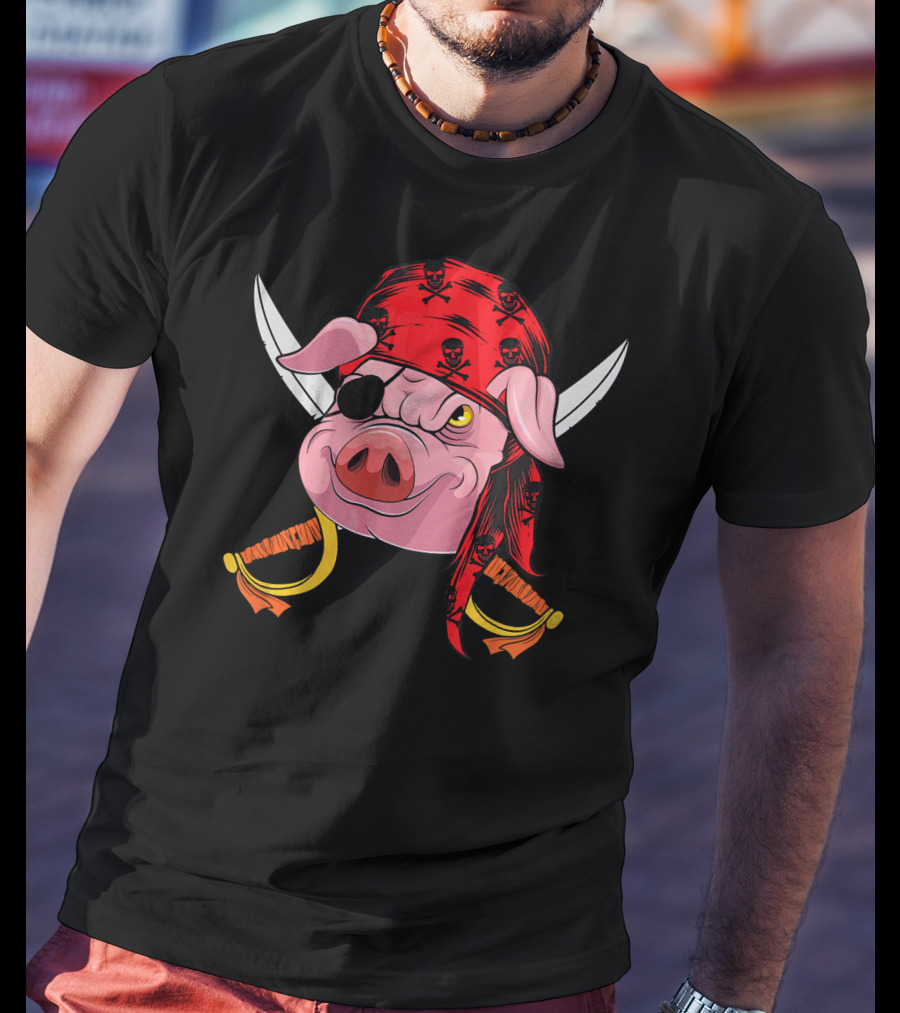 Pirate Pig With Eye Patch And Swords Halloween Costume T-Shirt