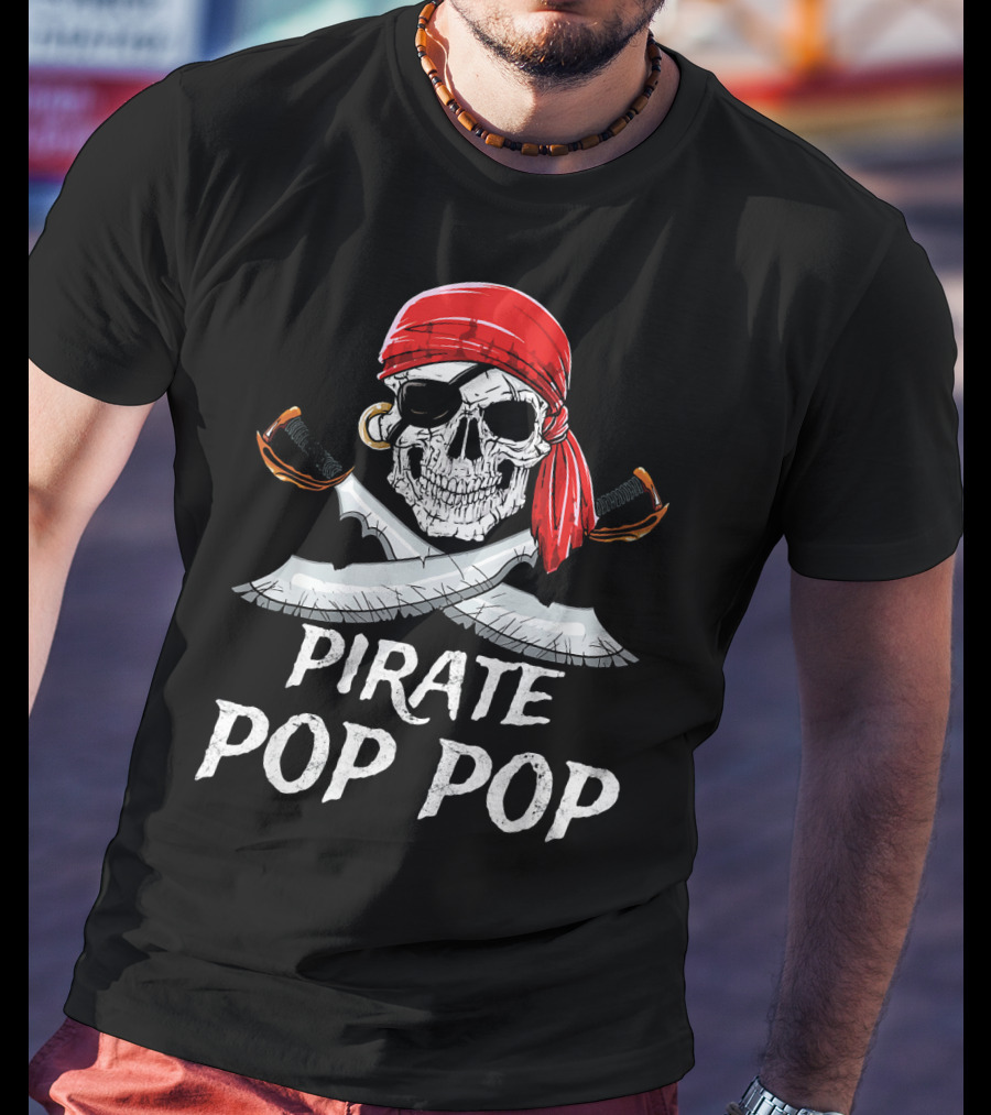 Pirate Pop Pop Skull With Red Bandana And Crossed Swords T-Shirt