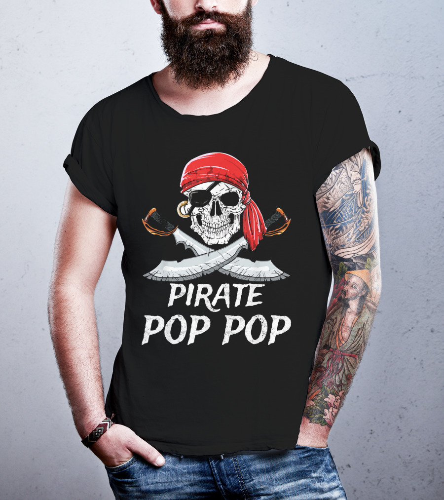 Pirate Pop Pop Skull With Red Bandana And Crossed Swords T-Shirt