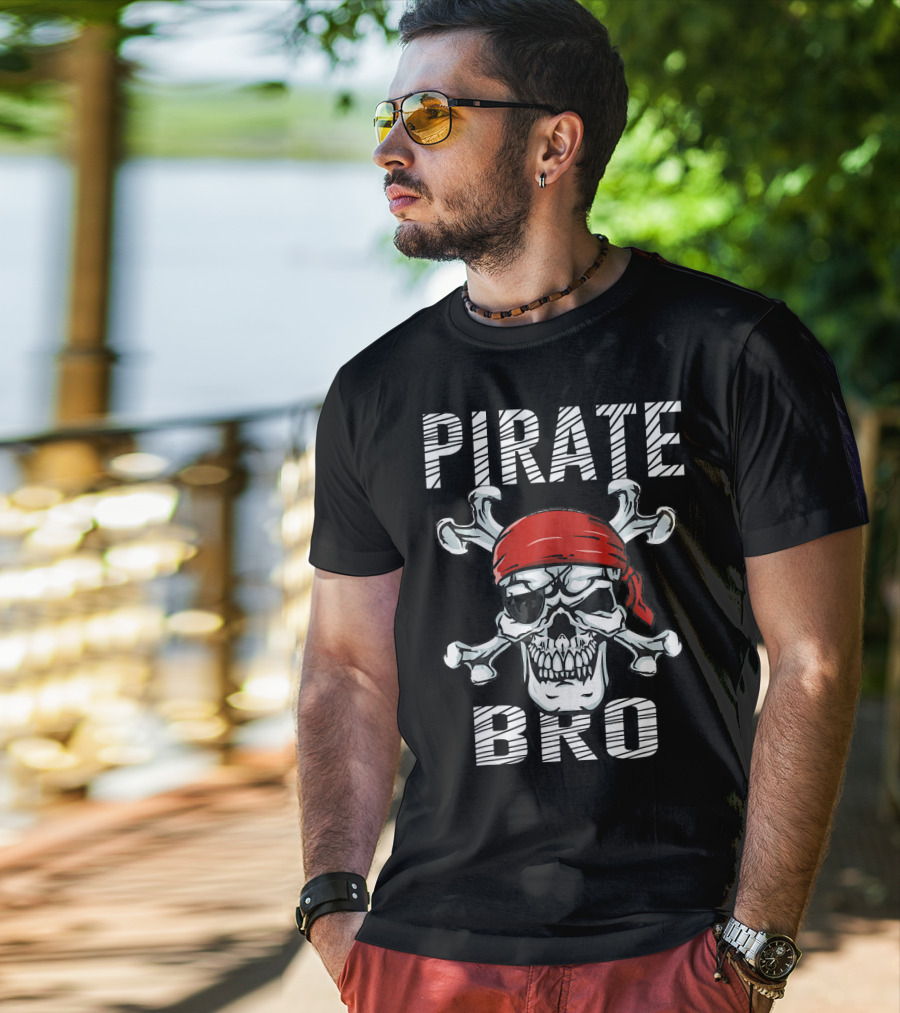 Pirate Bro Skull With Crossbones And Red Bandana T-Shirt