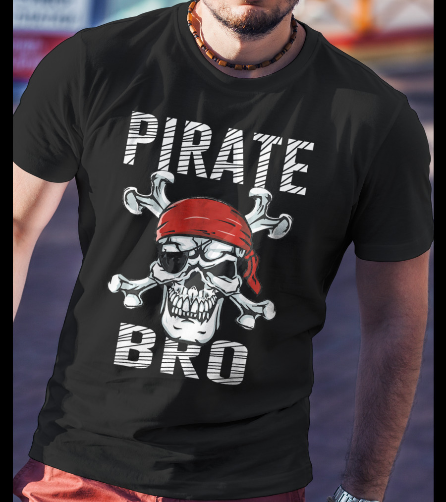 Pirate Bro Skull With Crossbones And Red Bandana T-Shirt